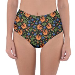 Orange Flowers Pattern Reversible High-waist Bikini Bottoms by designsbymallika