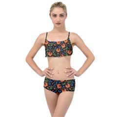 Orange Flowers Pattern Layered Top Bikini Set by designsbymallika