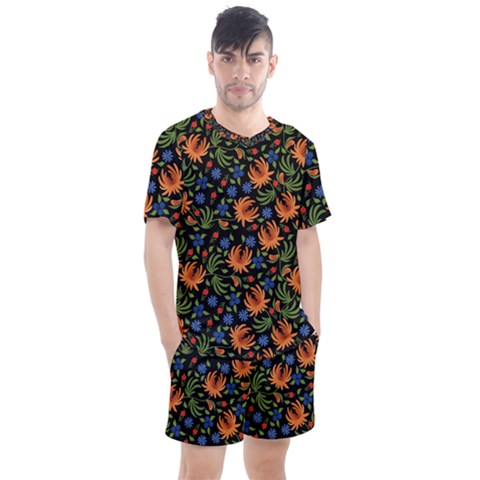 Orange Flowers Pattern Men s Mesh Tee And Shorts Set by designsbymallika