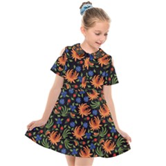 Orange Flowers Pattern Kids  Short Sleeve Shirt Dress by designsbymallika