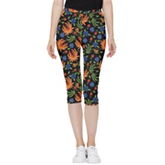 Orange Flowers Pattern Inside Out Lightweight Velour Capri Leggings  by designsbymallika