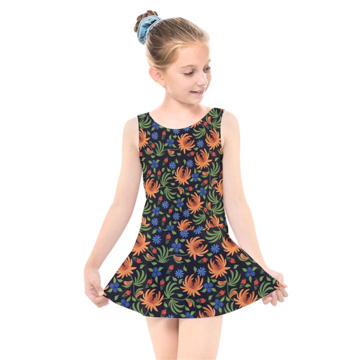 Orange Flowers Pattern Kids  Skater Dress Swimsuit