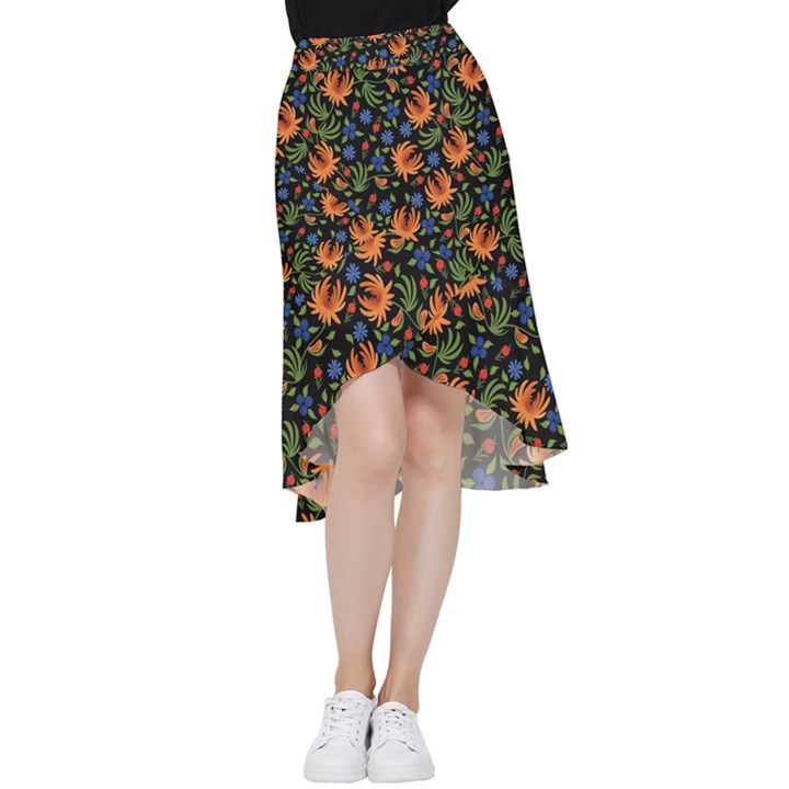 Orange Flowers Pattern Frill Hi Low Chiffon Skirt