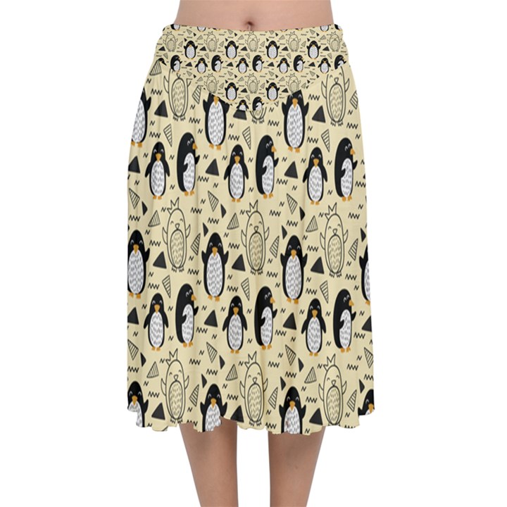 Cute Penguin Love Velvet Flared Midi Skirt