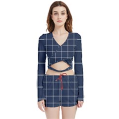 Blue Plaid Velvet Wrap Crop Top And Shorts Set by goljakoff