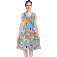 Butterfly And Flowers V-neck Midi Sleeveless Dress  by goljakoff