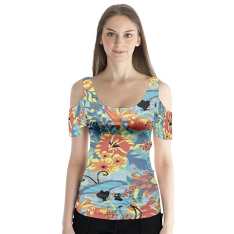 Butterfly And Flowers Butterfly Sleeve Cutout Tee  by goljakoff