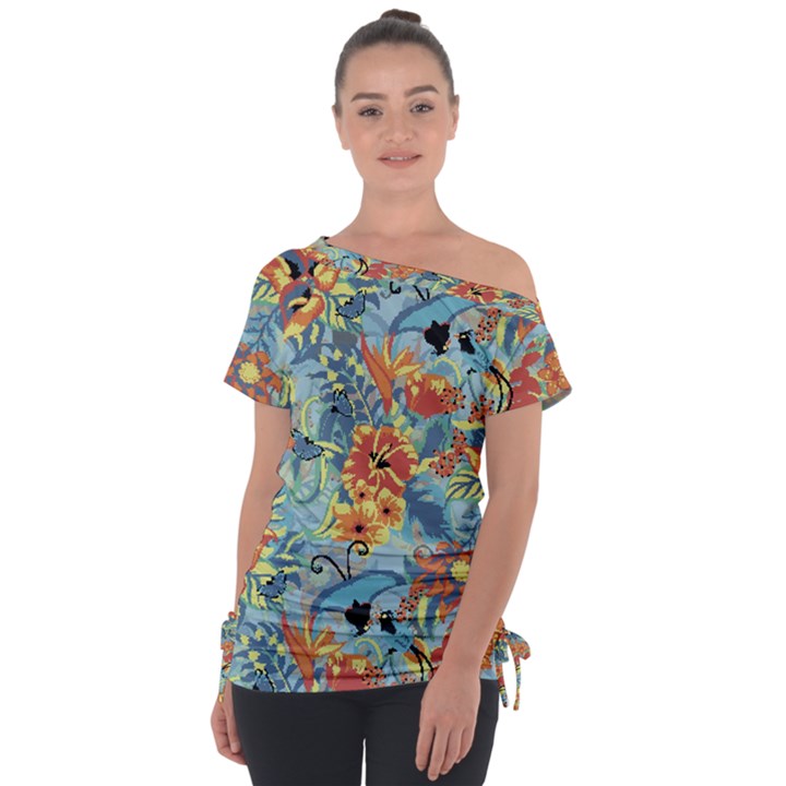 Butterfly and flowers Off Shoulder Tie-Up Tee