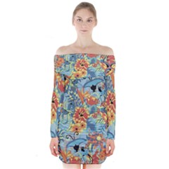 Butterfly And Flowers Long Sleeve Off Shoulder Dress by goljakoff