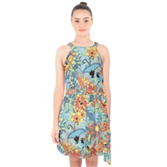 Butterfly And Flowers Halter Collar Waist Tie Chiffon Dress by goljakoff