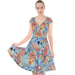 Butterfly And Flowers Cap Sleeve Front Wrap Midi Dress by goljakoff