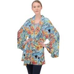 Butterfly And Flowers Long Sleeve Velvet Kimono  by goljakoff