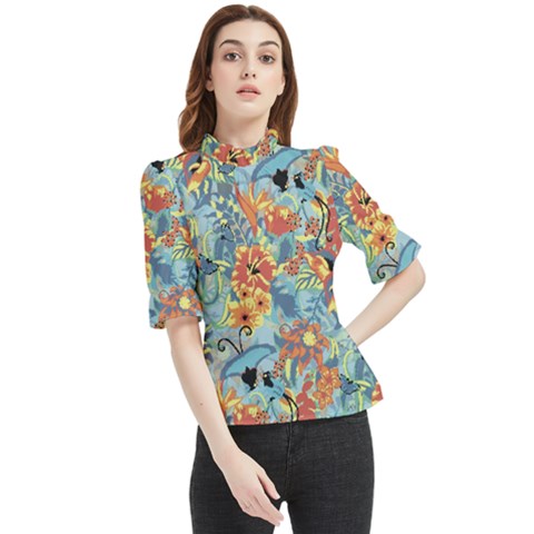 Butterfly And Flowers Frill Neck Blouse by goljakoff