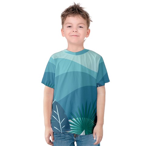 Illustration Of Palm Leaves Waves Mountain Hills Kids  Cotton Tee by HermanTelo