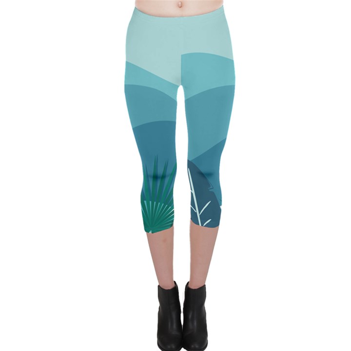 Illustration Of Palm Leaves Waves Mountain Hills Capri Leggings 