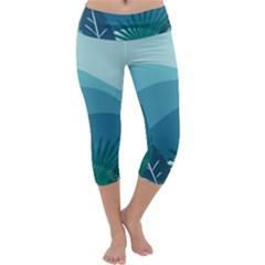 Illustration Of Palm Leaves Waves Mountain Hills Capri Yoga Leggings by HermanTelo