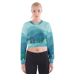 Illustration Of Palm Leaves Waves Mountain Hills Cropped Sweatshirt