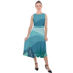 Illustration Of Palm Leaves Waves Mountain Hills Midi Tie-back Chiffon Dress