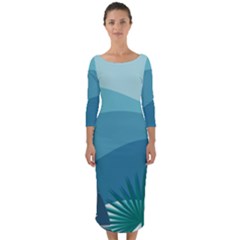 Illustration Of Palm Leaves Waves Mountain Hills Quarter Sleeve Midi Bodycon Dress