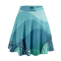 Illustration Of Palm Leaves Waves Mountain Hills High Waist Skirt