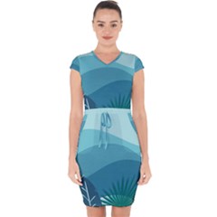 Illustration Of Palm Leaves Waves Mountain Hills Capsleeve Drawstring Dress  by HermanTelo