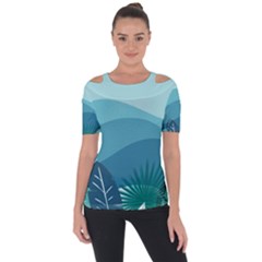 Illustration Of Palm Leaves Waves Mountain Hills Shoulder Cut Out Short Sleeve Top