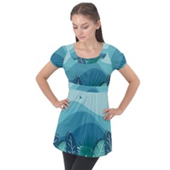 Illustration Of Palm Leaves Waves Mountain Hills Puff Sleeve Tunic Top