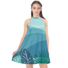 Illustration Of Palm Leaves Waves Mountain Hills Halter Neckline Chiffon Dress 