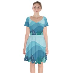 Illustration Of Palm Leaves Waves Mountain Hills Short Sleeve Bardot Dress