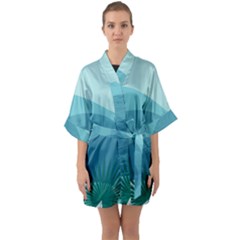 Illustration Of Palm Leaves Waves Mountain Hills Half Sleeve Satin Kimono 