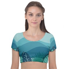 Illustration Of Palm Leaves Waves Mountain Hills Velvet Short Sleeve Crop Top  by HermanTelo