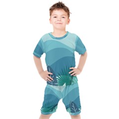 Illustration Of Palm Leaves Waves Mountain Hills Kids  Tee And Shorts Set by HermanTelo