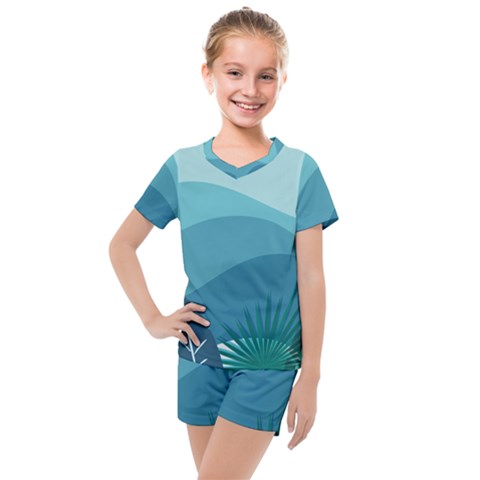 Illustration Of Palm Leaves Waves Mountain Hills Kids  Mesh Tee And Shorts Set by HermanTelo