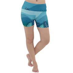 Illustration Of Palm Leaves Waves Mountain Hills Lightweight Velour Yoga Shorts by HermanTelo