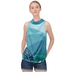 Illustration Of Palm Leaves Waves Mountain Hills High Neck Satin Top by HermanTelo