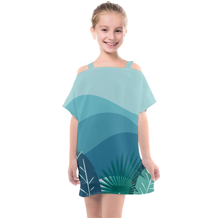 Illustration Of Palm Leaves Waves Mountain Hills Kids  One Piece Chiffon Dress