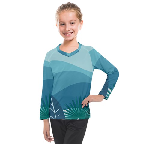 Illustration Of Palm Leaves Waves Mountain Hills Kids  Long Mesh Tee by HermanTelo