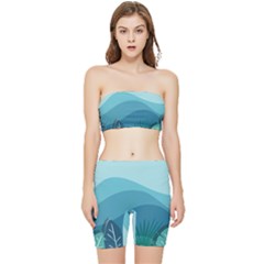 Illustration Of Palm Leaves Waves Mountain Hills Stretch Shorts And Tube Top Set by HermanTelo