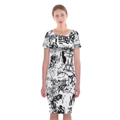 Black And White Graffiti Abstract Collage Classic Short Sleeve Midi Dress