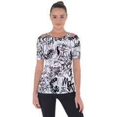 Black And White Graffiti Abstract Collage Shoulder Cut Out Short Sleeve Top