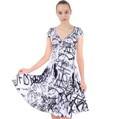 Black And White Graffiti Abstract Collage Cap Sleeve Front Wrap Midi Dress by dflcprintsclothing