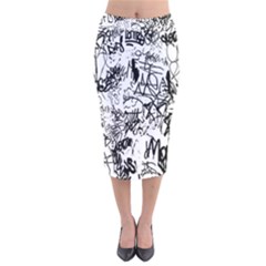 Black And White Graffiti Abstract Collage Velvet Midi Pencil Skirt by dflcprintsclothing