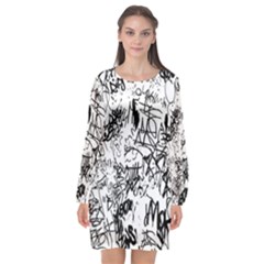 Black And White Graffiti Abstract Collage Long Sleeve Chiffon Shift Dress 