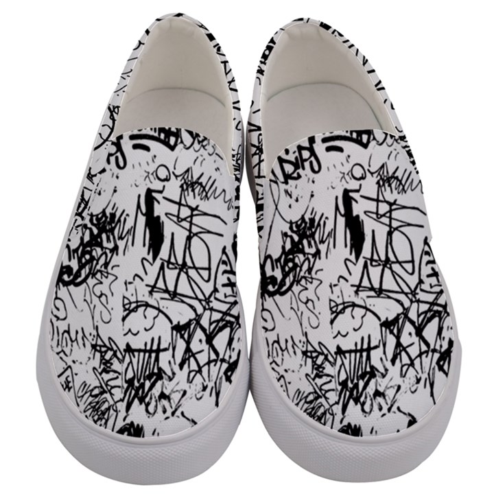 Black And White Graffiti Abstract Collage Men s Canvas Slip Ons