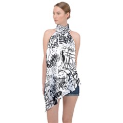 Black And White Graffiti Abstract Collage Halter Asymmetric Satin Top by dflcprintsclothing