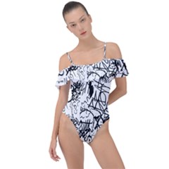 Black And White Graffiti Abstract Collage Frill Detail One Piece Swimsuit by dflcprintsclothing