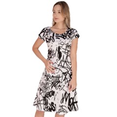 Black And White Graffiti Abstract Collage Classic Short Sleeve Dress by dflcprintsclothing