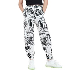 Black And White Graffiti Abstract Collage Kids  Elastic Waist Pants by dflcprintsclothing