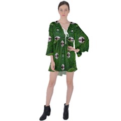 One Island In A Safe Environment Of Eternity Green V-neck Flare Sleeve Mini Dress by pepitasart