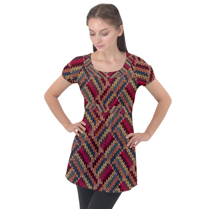 Geometric knitting Puff Sleeve Tunic Top